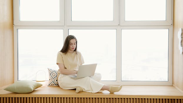 woman working on laptop in cozy home office