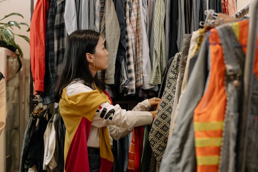 thrift store aisle with clothing and accessories